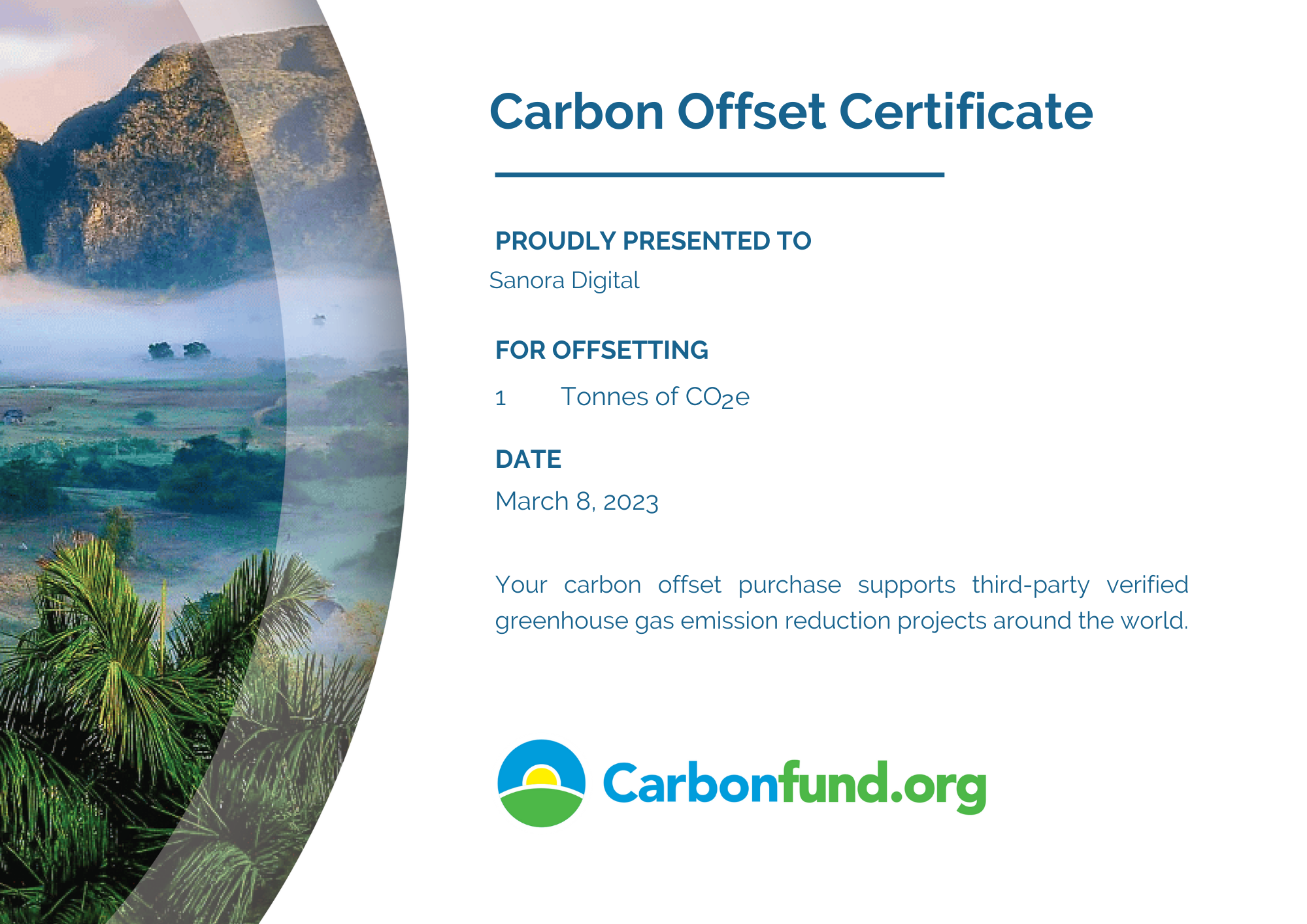 Carbon offset certificate Sanora Digital